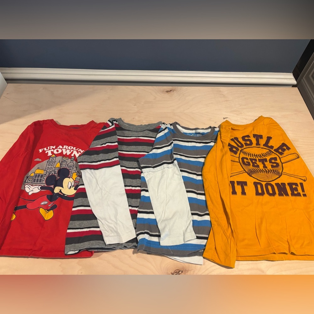 Kids Striped Long Sleeve Shirt Set - Red, Gray, Blue, Yellow-size small 5/6